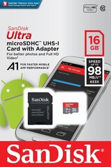 Карта памяти Sandisk 16GB Ultra Android microSDHC + SD адаптер + Memory Zone App 98MB/s A1 Class 10 UHS-I цена и информация | Карты памяти | kaup24.ee