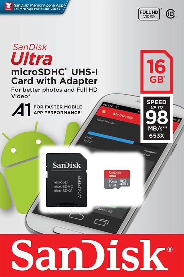 Mälukaart Sandisk 16GB Ultra Android microSDHC + SD Adapter + Memory Zone App 98MB/s A1 Class 10 UHS-I hind ja info | Mobiiltelefonide mälukaardid | kaup24.ee