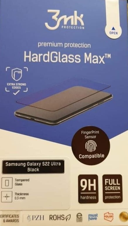 Karastatud kaitseklaas 3MK Hard Glass Max, Samsung S908 S22 Ultra 5G must, toetab ekraanil asuvat sõrmejälje lugejat hind ja info | Ekraani kaitsekiled | kaup24.ee