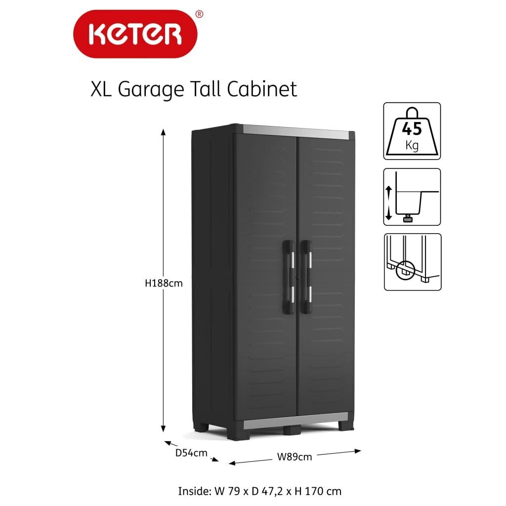 Keter hoiukapp riiulitega Garag XL, must ja hõbedane, 188 cm цена и информация | Elutoa väikesed kapid | kaup24.ee