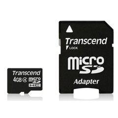 Transcend 4GB microSDHC, 4 klasės ir SD adapter цена и информация | Карты памяти | kaup24.ee
