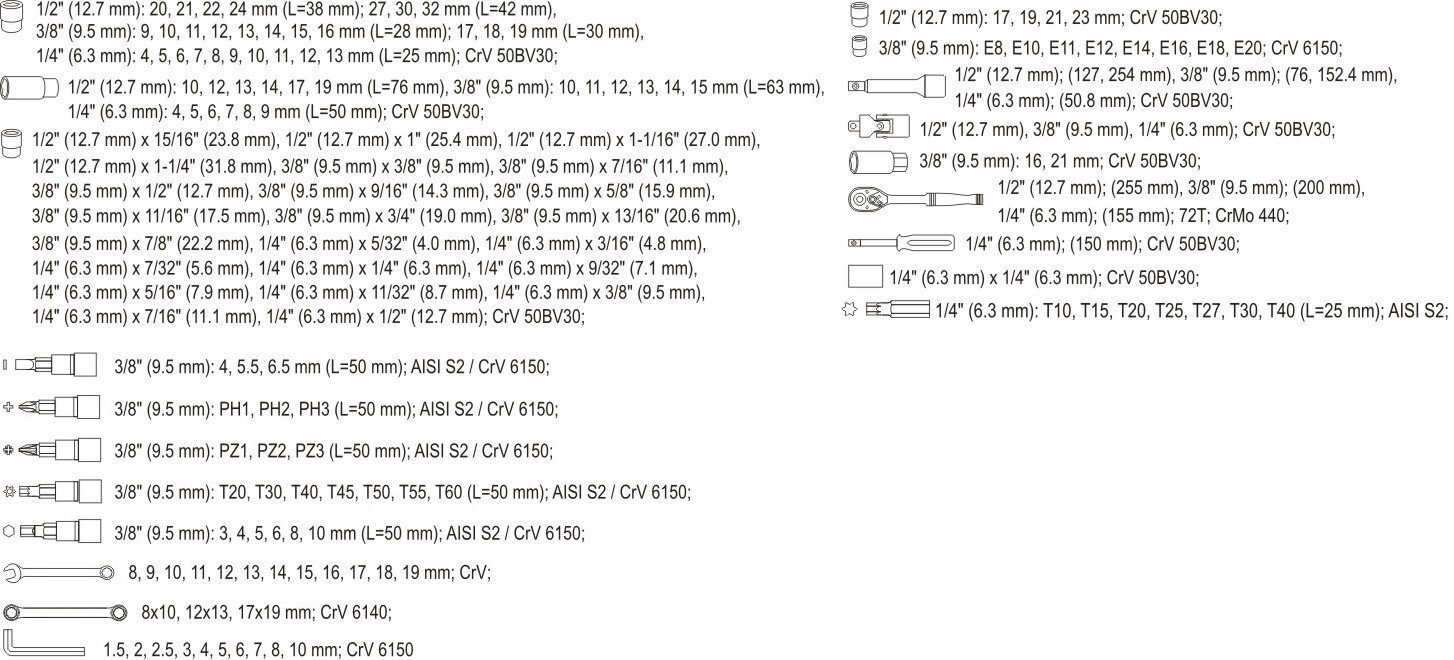 Tööriistakomplekt 1/4, 1/2, 3/8 (150 tk.) YT-38811 YATO hind ja info | Käsitööriistad | kaup24.ee