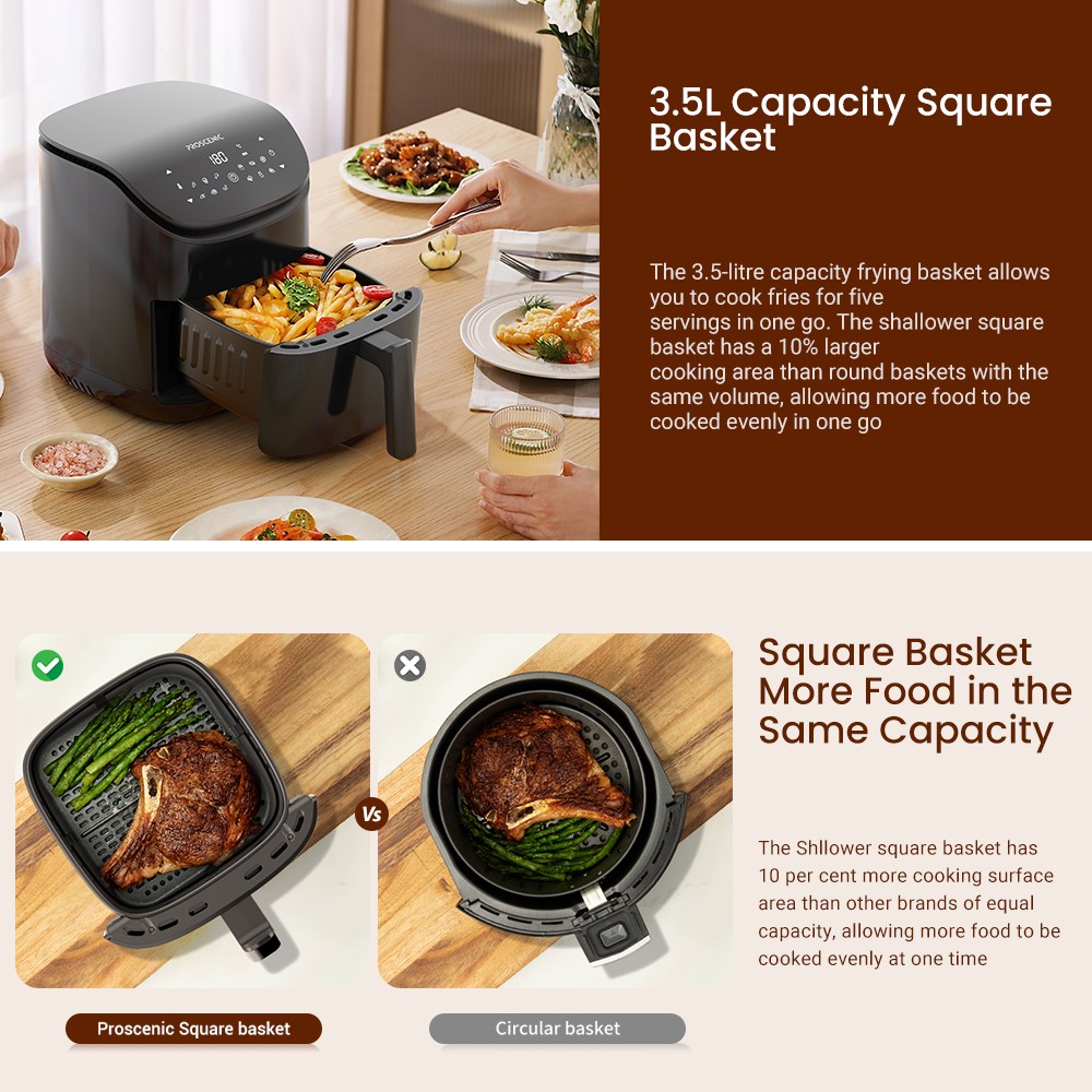 Proscenic T20 1500W Multifunctional Air Fryer, 3.5L Capacity, 12 Presets Functions, Online Recipes, Touch Display, BPA and PFOA Free - EU Plug