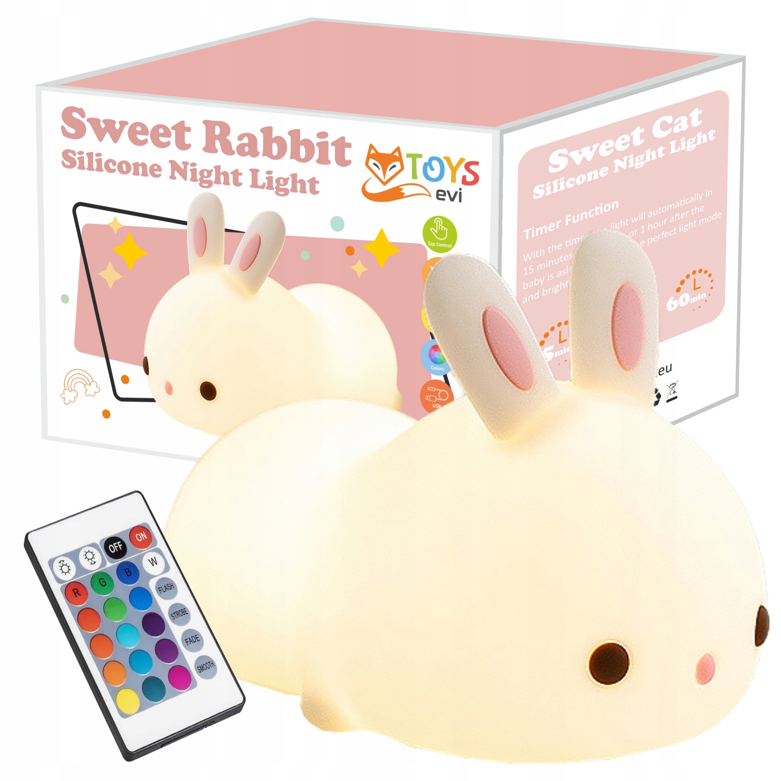 Sweet Rabbit laste öölamp – RGB LED-lamp, TAIMER, AKU KAUGSEADISTUS