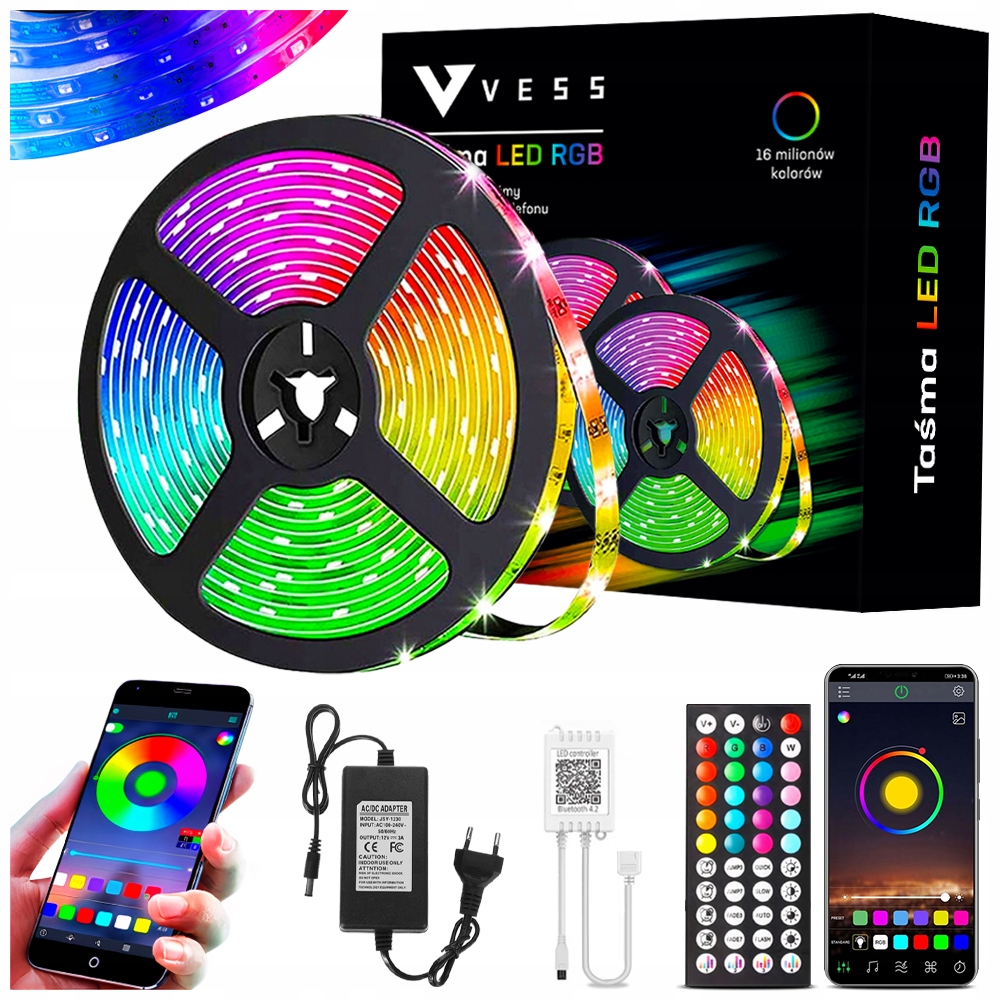 TAŚMA LED RGB KOLOROWA 5M BLUETOOTH PASEK STEROWANIE MUZYKĄ APLIKACJA PILOT