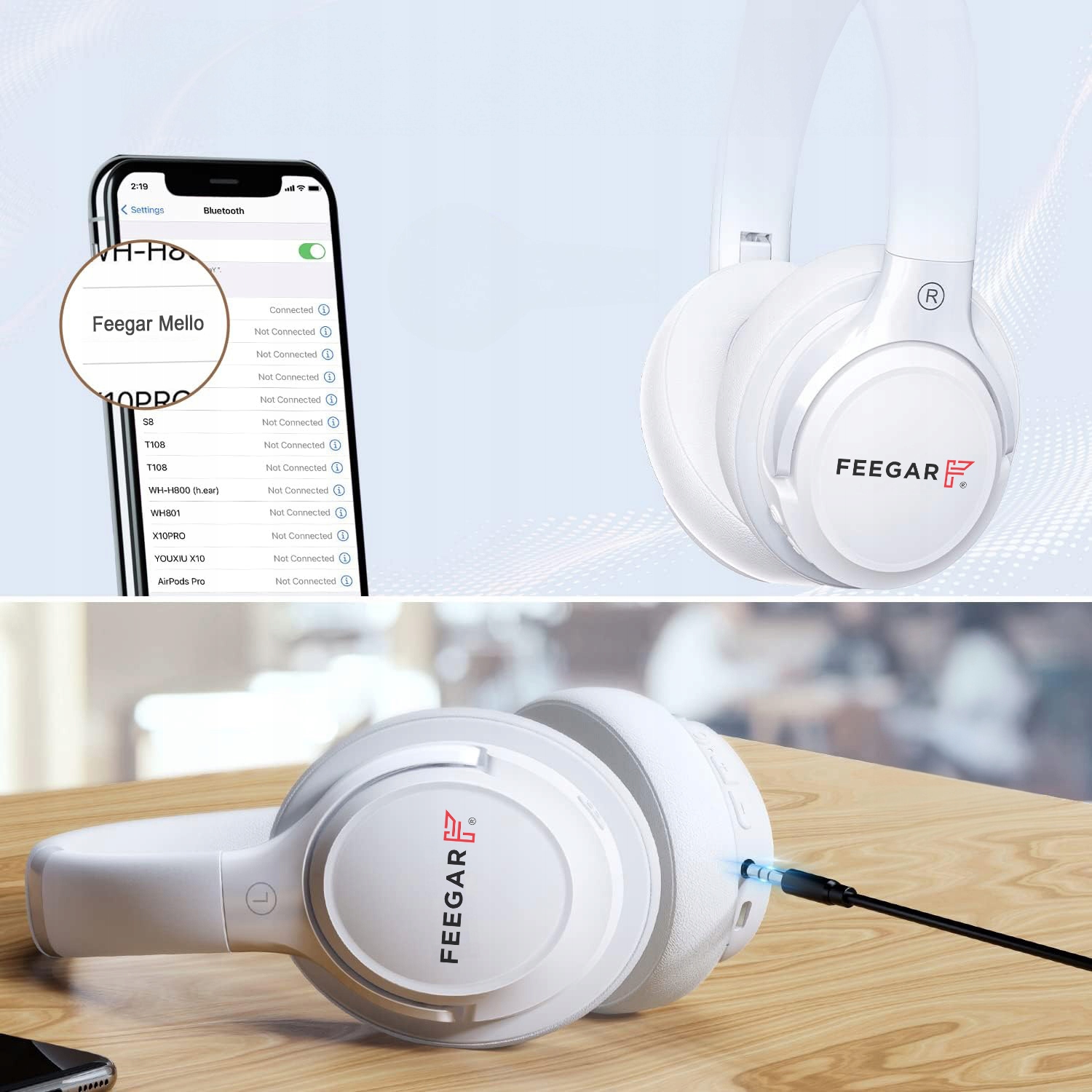 FEEGAR kõrvapealsed juhtmevabad kõrvaklapid 65H Bluetooth 5.3 mikrofon 6xEQ Domineeriv värv valge