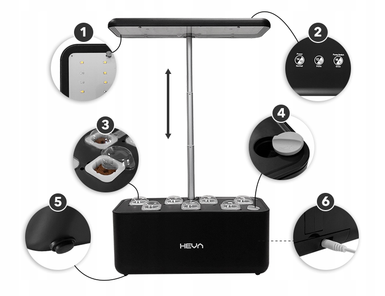 HEVA Hydroponic Flower Pot Kit LED Plant Grow Light Tootjakood HEVA DEY Hüdropooniline lillepoti komplekt